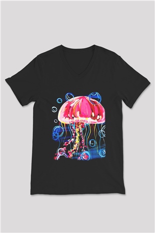 Deniz canlıları Siyah Unisex V Yaka Tişört T-Shirt