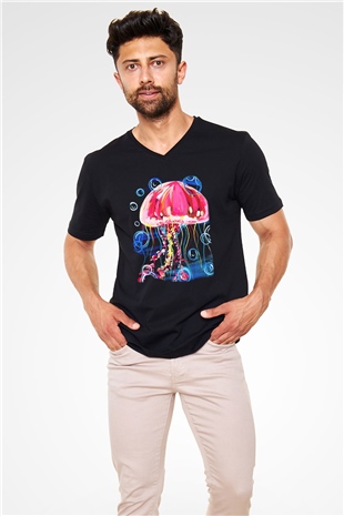Deniz canlıları Siyah Unisex V Yaka Tişört T-Shirt