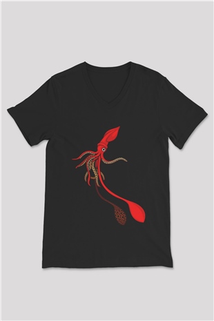 Deniz canlıları Siyah Unisex V Yaka Tişört T-Shirt