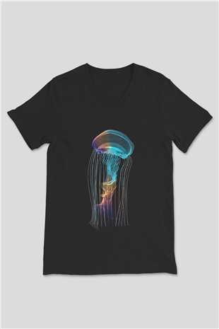 Deniz canlıları Siyah Unisex V Yaka Tişört T-Shirt