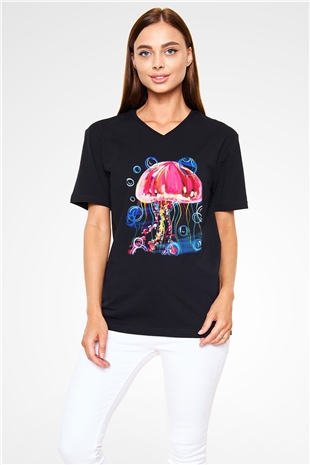 Deniz canlıları Siyah Unisex V Yaka Tişört T-Shirt