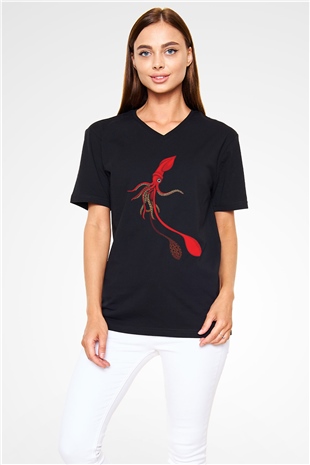 Deniz canlıları Siyah Unisex V Yaka Tişört T-Shirt