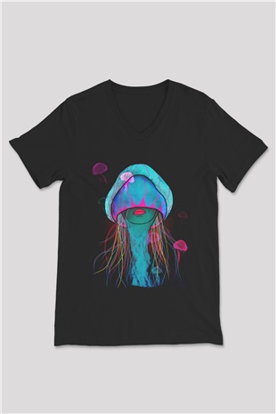 Deniz canlıları Siyah Unisex V Yaka Tişört T-Shirt
