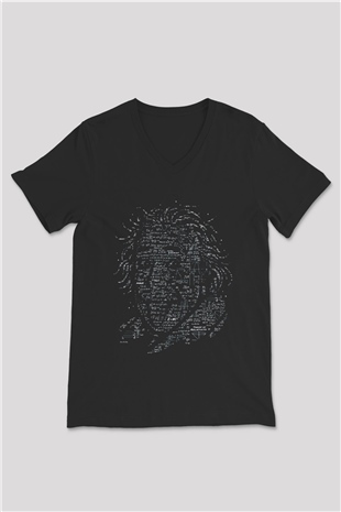 Denklemlerden Oluşan Einstein Silüeti Baskılı Unisex Siyah V Yaka Tişört