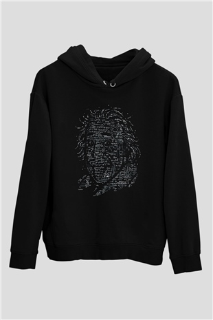 Denklemlerden Oluşan Einstein Silüeti Baskılı Unisex Siyah Hoodie