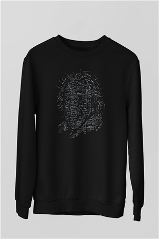 Denklemlerden Oluşan Einstein Silüeti Baskılı Unisex Siyah Sweatshirt