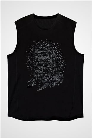 Denklemlerden Oluşan Einstein Silüeti Baskılı Unisex Siyah Kolsuz Tişört