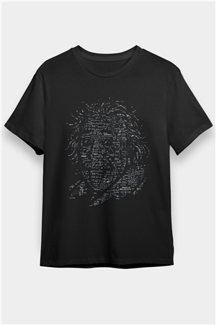 Denklemlerden Oluşan Einstein Silüeti Baskılı Unisex Siyah Tişört