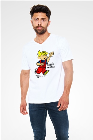 Dennis the Menace Beyaz Unisex V Yaka Tişört