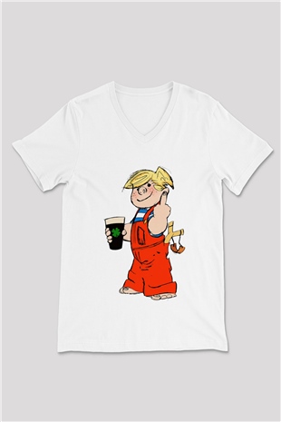 Dennis the Menace Beyaz Unisex V Yaka Tişört