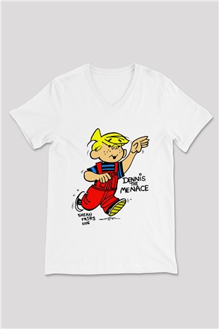 Dennis the Menace Beyaz Unisex V Yaka Tişört