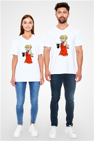 Dennis the Menace Beyaz Unisex V Yaka Tişört