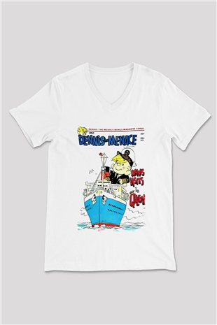 Dennis the Menace Beyaz Unisex V Yaka Tişört