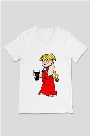Dennis the Menace Beyaz Unisex V Yaka Tişört