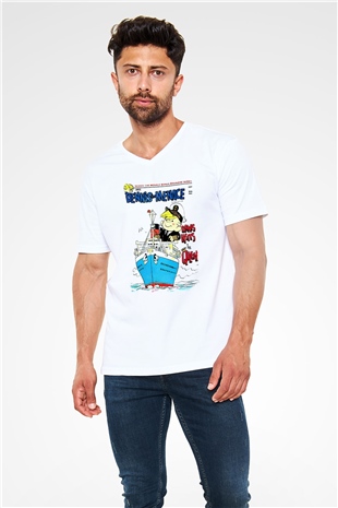 Dennis the Menace Beyaz Unisex V Yaka Tişört