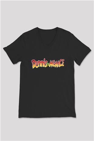 Dennis the Menace Siyah Unisex V Yaka Tişört T-Shirt