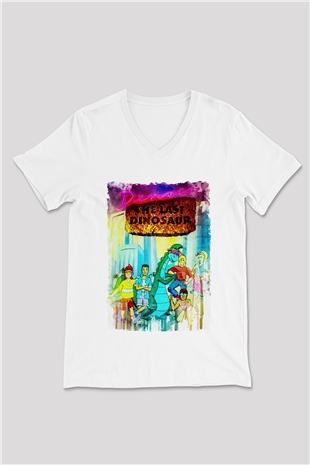 Denver, the Last Dinosaur Beyaz Unisex  V Yaka Tişört