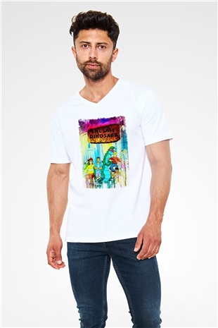 Denver, the Last Dinosaur Beyaz Unisex  V Yaka Tişört