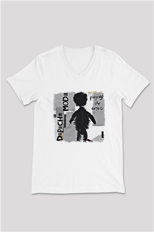 Depeche Mode Baskılı Unisex Beyaz V Yaka Tişört