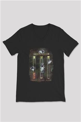 Depresyon Formülü Hormonlar Baskılı Unisex V Yaka Siyah Tİşört - Tshirt