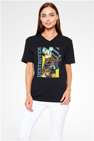 Destroyer Baskılı Unisex Siyah  V Yaka Tişört