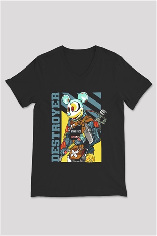 Destroyer Baskılı Unisex Siyah  V Yaka Tişört