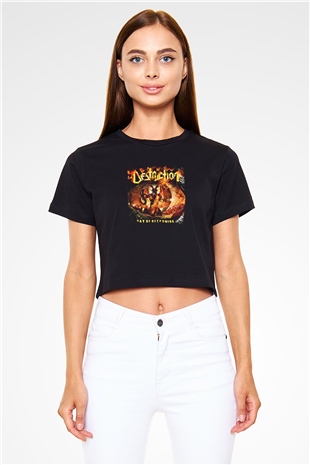 Destruction Baskılı Unisex Siyah Crop Top Tişört