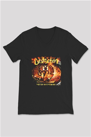 Destruction Baskılı Unisex Siyah V Yaka Tişört
