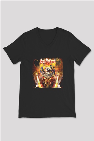 Destruction Baskılı Unisex Siyah V Yaka Tişört