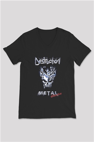 Destruction Baskılı Unisex Siyah V Yaka Tişört
