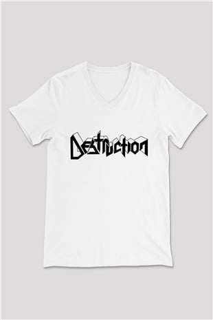 Destruction Beyaz Unisex V Yaka Tişört T-Shirt