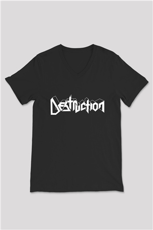 Destruction Siyah Unisex V Yaka Tişört T-Shirt