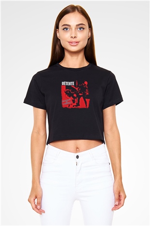 Detente Baskılı Unisex Siyah Crop Top Tişört