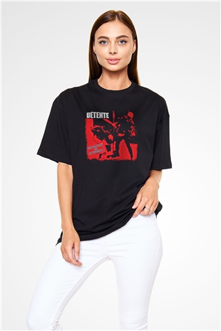 Detente Baskılı Unisex Siyah Oversize Tişört