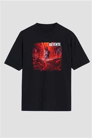 Detente Baskılı Unisex Siyah Oversize Tişört