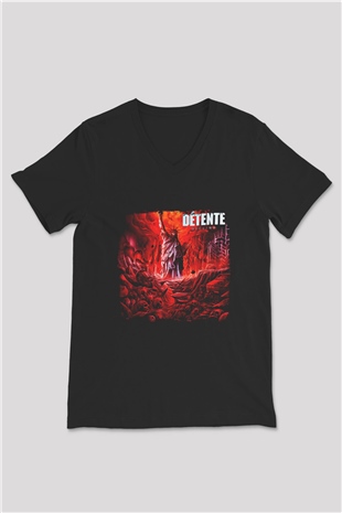 Detente Baskılı Unisex Siyah V Yaka Tişört
