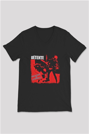 Detente Baskılı Unisex Siyah V Yaka Tişört