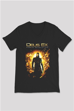 Deus Ex Siyah Unisex V Yaka Tişört
