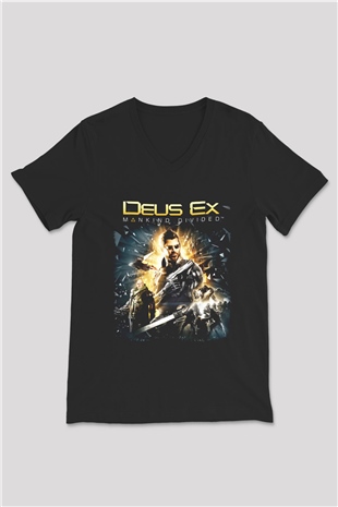 Deus Ex Siyah Unisex V Yaka Tişört
