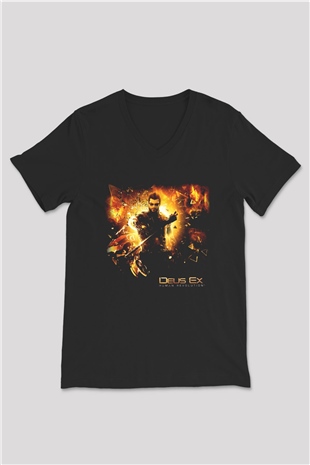 Deus Ex Siyah Unisex V Yaka Tişört T-Shirt