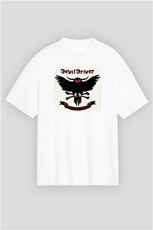 Devil Driver Baskılı Unisex Beyaz Oversize Tişört
