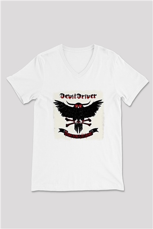 Devil Driver Baskılı Unisex Beyaz V Yaka Tişört