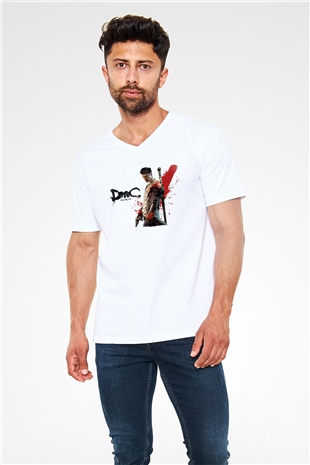 Devil May Cry Beyaz Unisex V Yaka Tişört