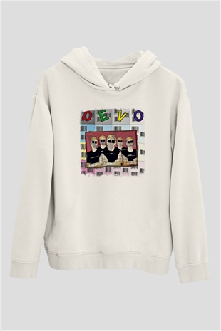 Devo Baskılı Unisex Beyaz Hoodie