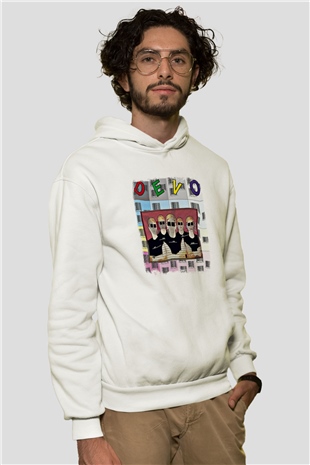 Devo Baskılı Unisex Beyaz Hoodie