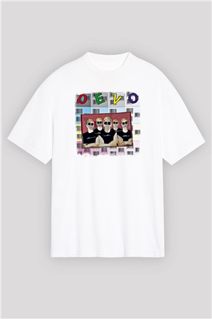 Devo Baskılı Unisex Beyaz Oversize Tişört