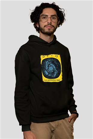 Devo Baskılı Unisex Siyah Hoodie
