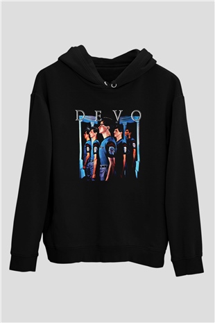 Devo Baskılı Unisex Siyah Hoodie