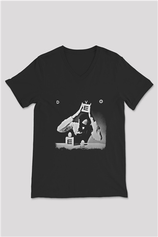 Devo Baskılı Unisex Siyah V Yaka Tişört