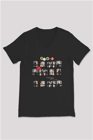 Devo Baskılı Unisex Siyah V Yaka Tişört